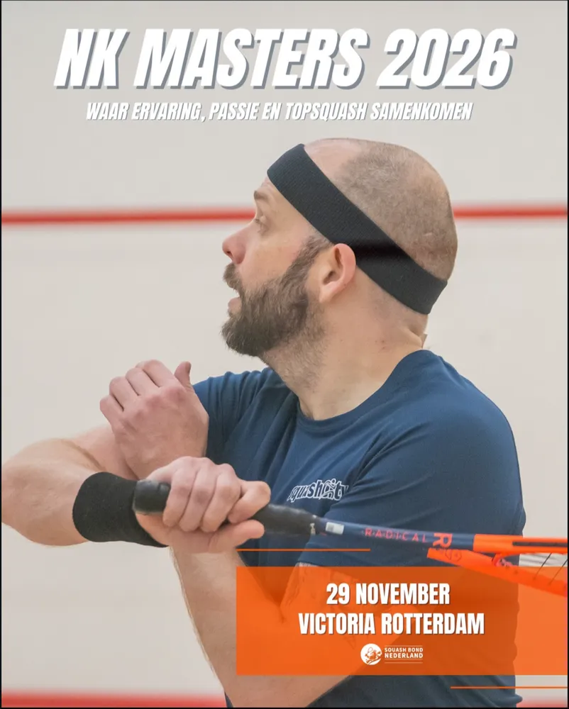 Poster for the NK Masters 2026 tournament in Rotterdam, showing a player following through on a shot