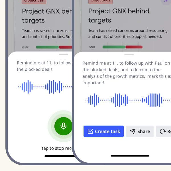 Two phone screens showing a voice note being recorded and then turned into a task, over a project status card