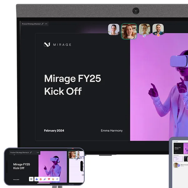 A kick-off deck presented on a meeting-room display, mirrored on a phone alongside participant video tiles