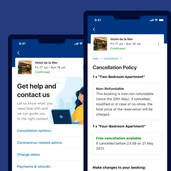 Booking.com mobile screens for help, contact options and cancellation policy